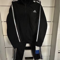 New Adidas Girls- Size 6 black silver stripe 2 pc jacket pants