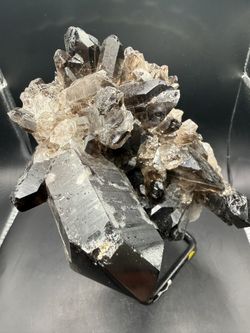 Large Smoky Quartz Crystal Cluster on Stand – Dark Points Statement Piece
