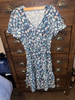Blue Floral Wrap Dress with Flutter Sleeves