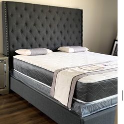 Brand New Queen Size Dark Grey Linen 6foot Tall Bed Frame With New Mattress/Fast Delivery