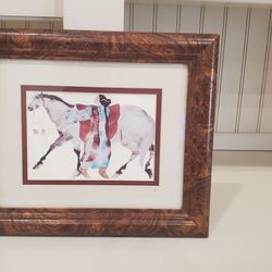This is a framed watercolor lithograph titled "Holding Down Windrunner" by artist Carol Grigg