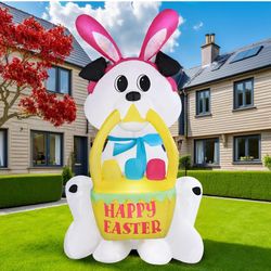 4FT Easter Inflatables Bunny Dog Outdoor Decoration, Brighter Easter Dog with Basket Eggs Inflatable Built in LED Lights, Holiday Easter Yard Decor Bl