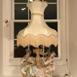 Large  39 “ Capodimonte’ Porcelain Victorian Couple Playing Harp And Mandolin 