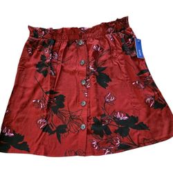 Apt 9 Elastic Waist Skirt Faux Button Pull On W/Pockets Size XL Red Floral New