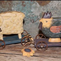 Adorable Primitive Farmhouse Wood Sheep & Chicken on Wheels Folk Art Decor Objects