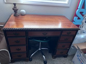 Vintage Antique Wood Kneehole Desk with Drawers