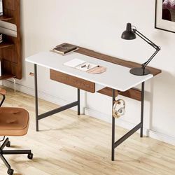 Small Computer Desk with Drawers, 47 inch Home Office Desk with Storage Hooks and Power Strip Design, MDF Game Desk for Study Home Office