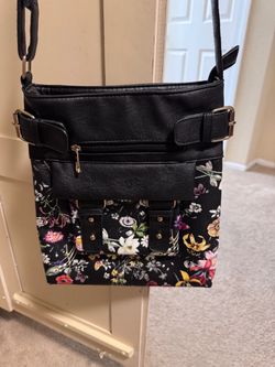 Black Floral Crossbody Bag with Gold Hardware