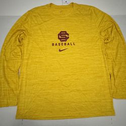 NWT  USC Baseball Nike Dri Fit  Long Sleeve T Shirt  Heather Pattern  Printed YellowGold Cardinal Red  Men  Size Large