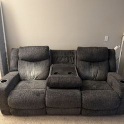 3-Seater Reclining Sofa w/ Console + USB + Cup Holders (Like New) 