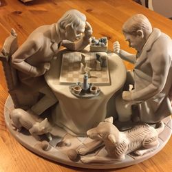 Two Old Men Playing Chess Porcelain Figure