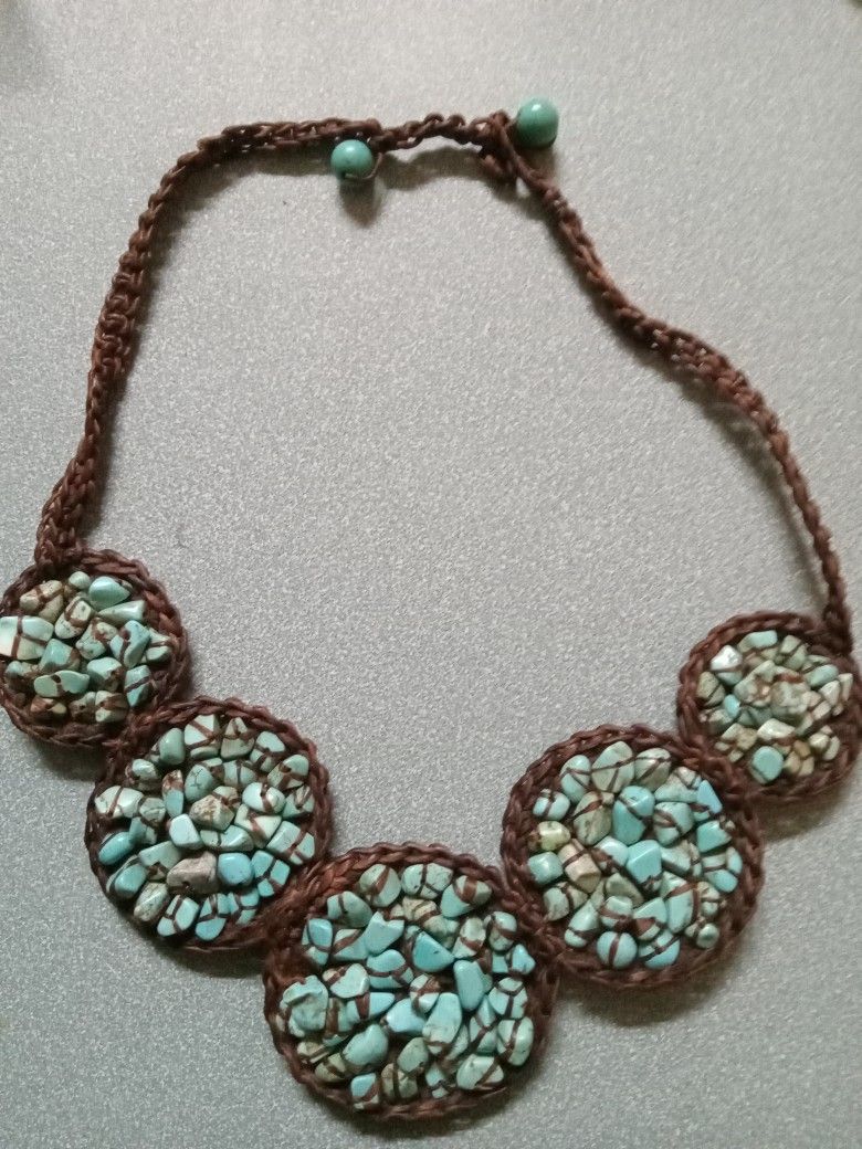 Vintage Boho Woven Macrame Necklace With Turquoise Chips