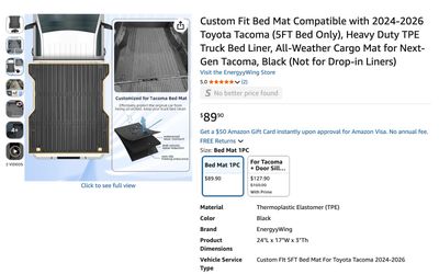 Custom Fit Bed Mat for 2024-2026 Toyota Tacoma (5FT Bed)