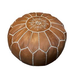 (2) Moroccan Poufs - Genuine Goat Skin - Bohemian Living Room Decor, Ottoman and Hassock Stool - Large Round Ottoman Pouf - No Filler (Brown)