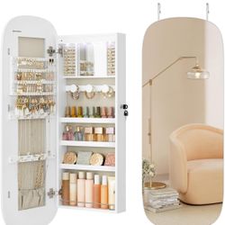 SONGMICS Jewelry Organizer LED Cabinet Wall/Door Mounted Lockable Rounded Wide Mirror - White