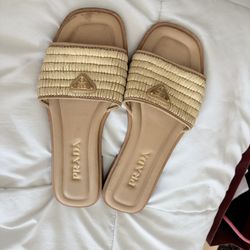 Prada Leather Slides with Crochet Details (also known as the Stuoia Raffia Easy Slide Sandals)