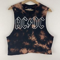AC/DC Black Brown Bleached Cropped Sleeveless Graphic Muscle Band Tee Tank Top