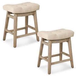 New 2pc Set 24" Linen Beige Solid Wood Saddle Bar Stools Counter Height