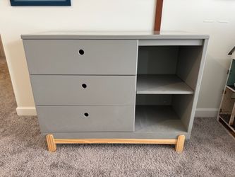 Gray Dresser with Drawers and Open Shelves