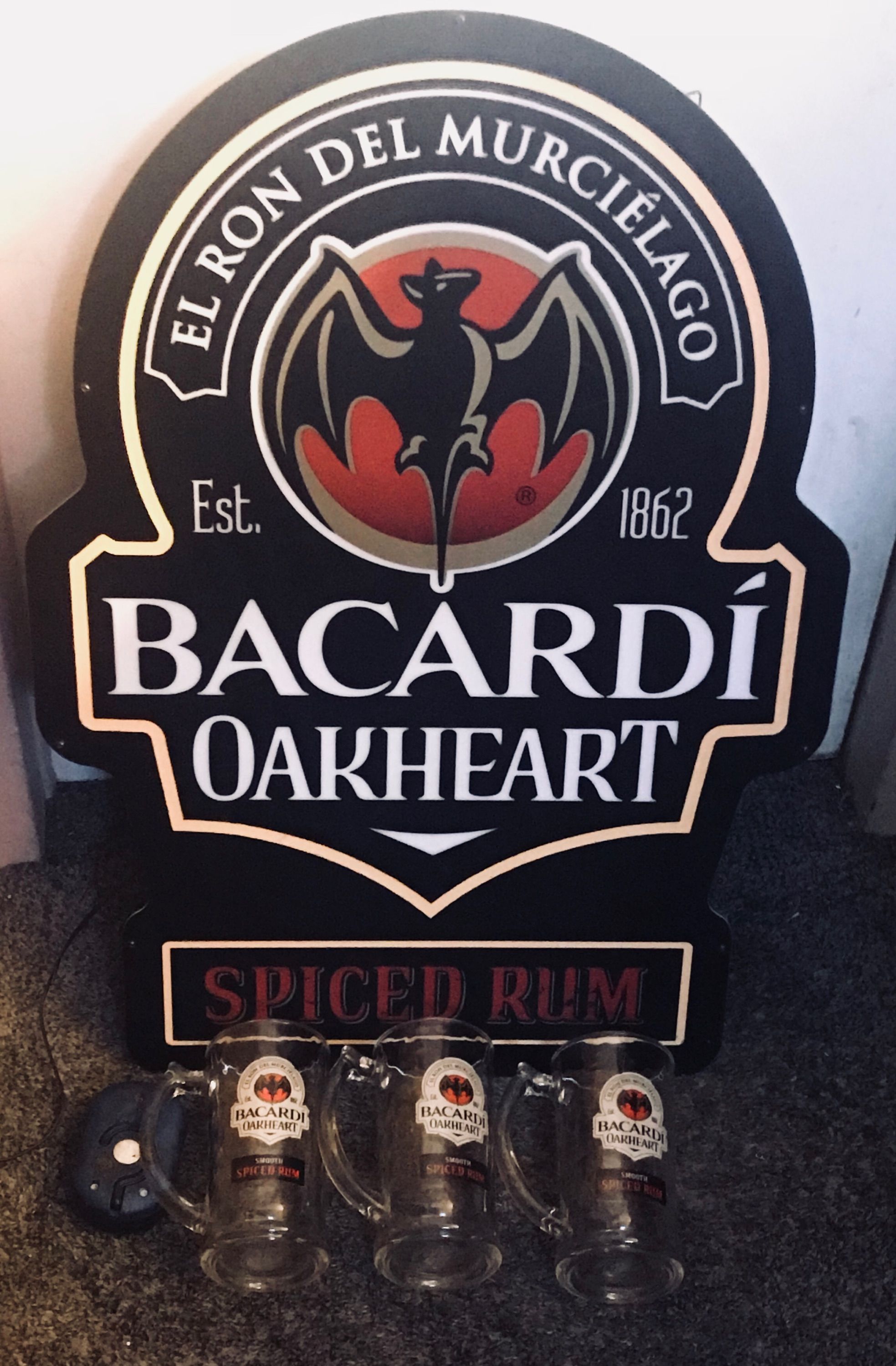 Bacardi Oakheart Spiced Rum LED Lighted Sign with 3 Beer Mugs