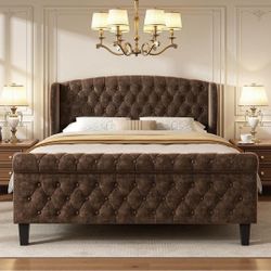 Full Bed Frame with Wingback Headboard, Chenille Upholstered Bed Frame full Size with Button Tufted Scroll Footboard, Wood Slats Support/No Noise/Ea