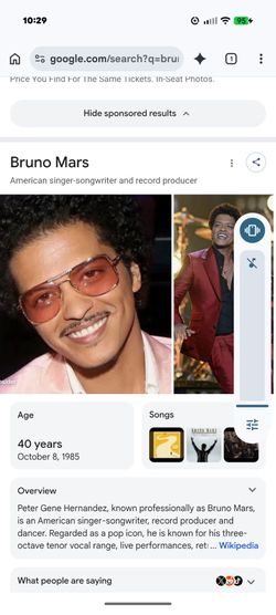 Bruno Mars Tickets 10/07______Side Stage______1st Row!