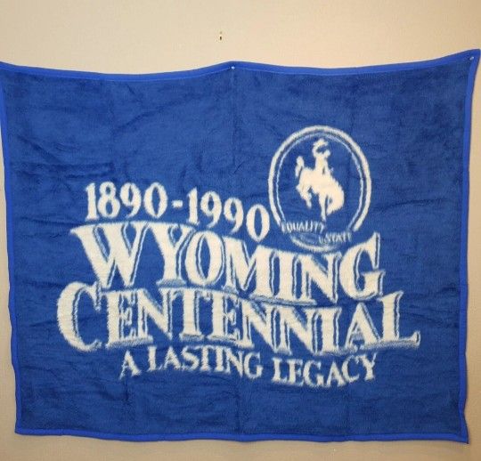 Biederlack Blanket Throw 60 x 50 Blue White Wyoming Centennial 1990 USA Vintage