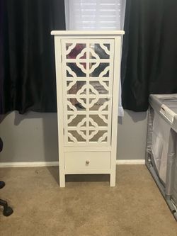 White Decorative Slim Storage Cabinet with Mirrored Door & Drawer – 46” Tall