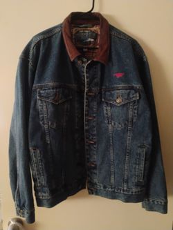 Vintage Dunbrooke Upstream Rough Rider Leather Collar Blue Denim Jacket Size L $30.00