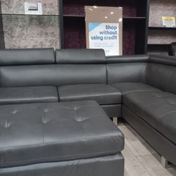 *Wow*---Ibiza Sleek Gray Leather Sectional Sofa W/Ottoman---Now $699---Delivery And Financing💪