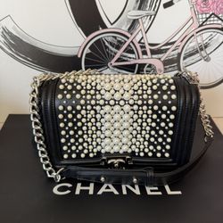 Chanel Black Leather Le Boy Pearls Bag