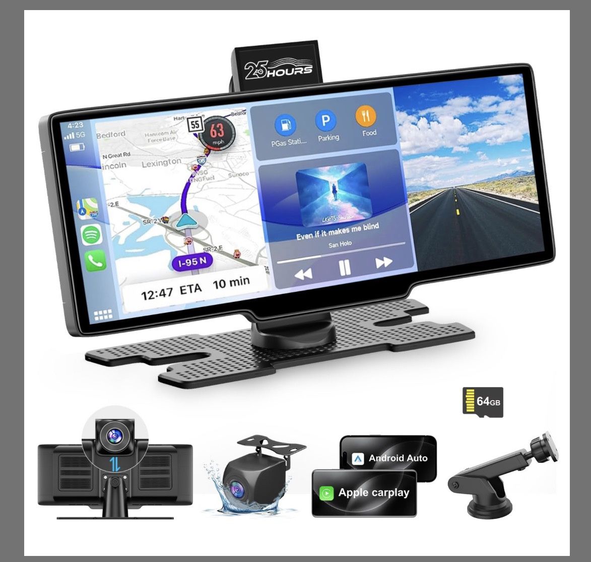 HK3 Carplay Screen For Car, 10.26’’ Wireless Apple Carplay & Android Auto Screen With 4K Dash Cam, 1080P Backup Camera, Car Play Audio Receivers, GPS