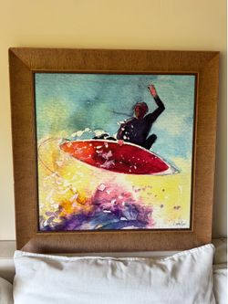 Large Linda Ryan Surfer Watercolor Painting Framed Canvas Print