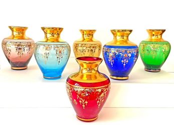 Hand Blown Murano 24k Gold-Rim Rainbow Vases 5”