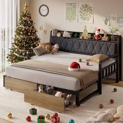 Twin Size Daybed with Pop up Trundle, Twin to King Daybed, Black Metal Twin Day Bed Frame with Storage Drawers, Upholstered Headboard & Power Outlet f