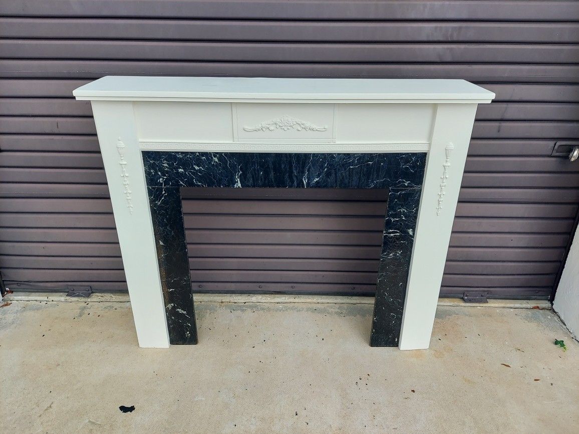 Wooden Mantel White with Black Marblized Finish  Surround.
