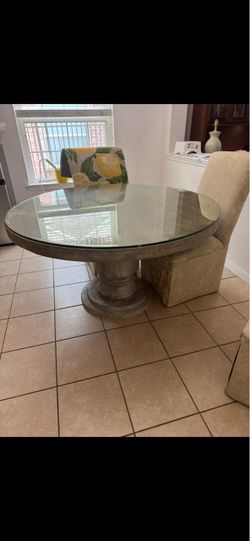 54-Inch Round Wood Pedestal Dining Table with Beveled Glass Top