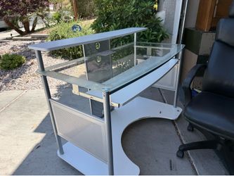 Wide rolling modern glass top computer desk on wheels with nice office chair see pics