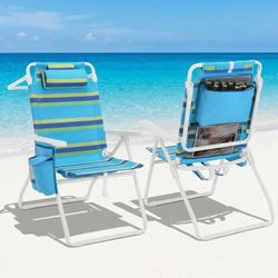 2pcs 16" H Tall Folding Backpack Beach Chair with 5-Position Lay Flat Breathable Teslin Fabric, with Cooler Pouch, Storage Bag, Towel Bar, Foot Mat, H
