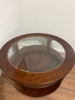 Round Wood Coffee Table with Glass Top
