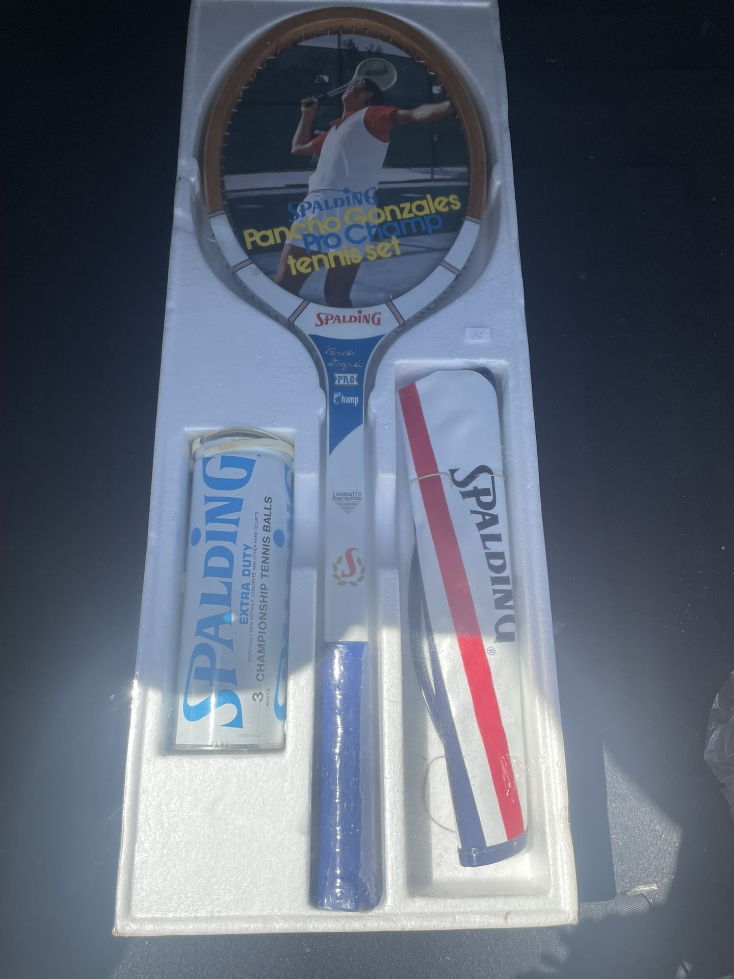Spalding Vintage Poncho Gonzales Tennis Racket, Balls & New Pro Kit