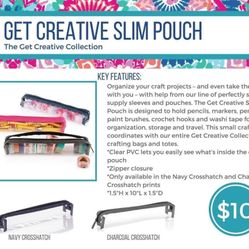 Thirty One Get Creative Clear Slim Pouch Charcoal Crosshatch Organizer travel
