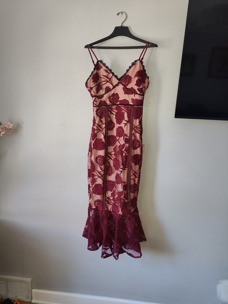 princess polly baby blue dress NWT Lulus Alluring Dream Burgundy Floral Mesh Lace Trumpet Midi Dress