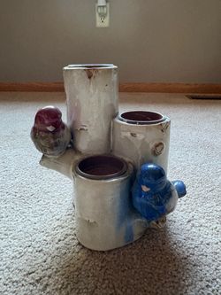 Vintage Ceramic Triple Candle Holder with Birds