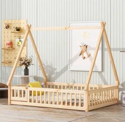 NEW Natural Full Size Montessori Bed with Slats, Tent-Shaped Floor Bed Frame with Fence and Door for Girls Boys