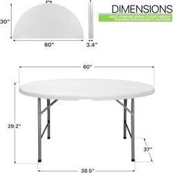 60" Round Folding Table, 5 Feet Bi-Folding Plastic Commercial Dining Card Table w/Carrying Handle for Outdoor Wedding Party Event Picnic, White/Gray