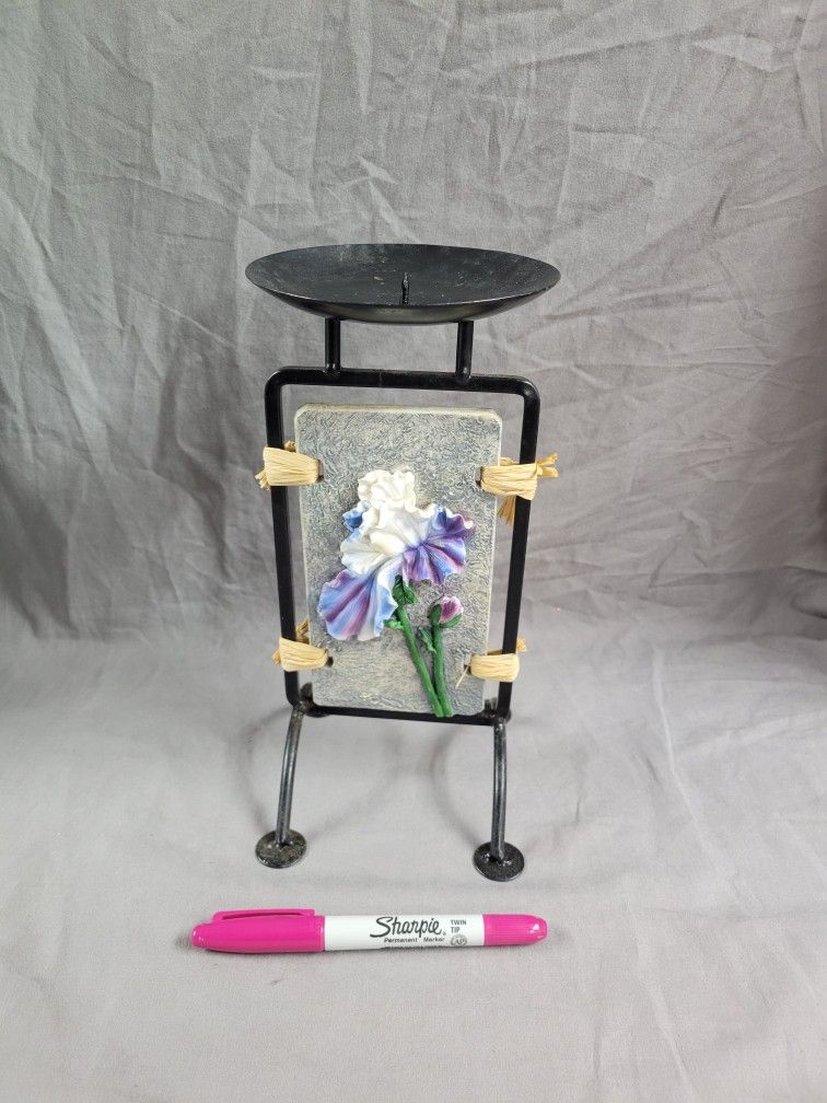 Vintage Cast Iron Spiked Pillar Candle Holder w/ Hanging 3D Sculpted Floral Figurine