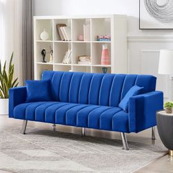 Blue Velvet Sofa Bed Couch 🛋️ Brand New In Box 📦 Folds Down Into A Bed 🛏️ 