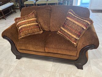 Brown Chenille Loveseat with Wood Frame