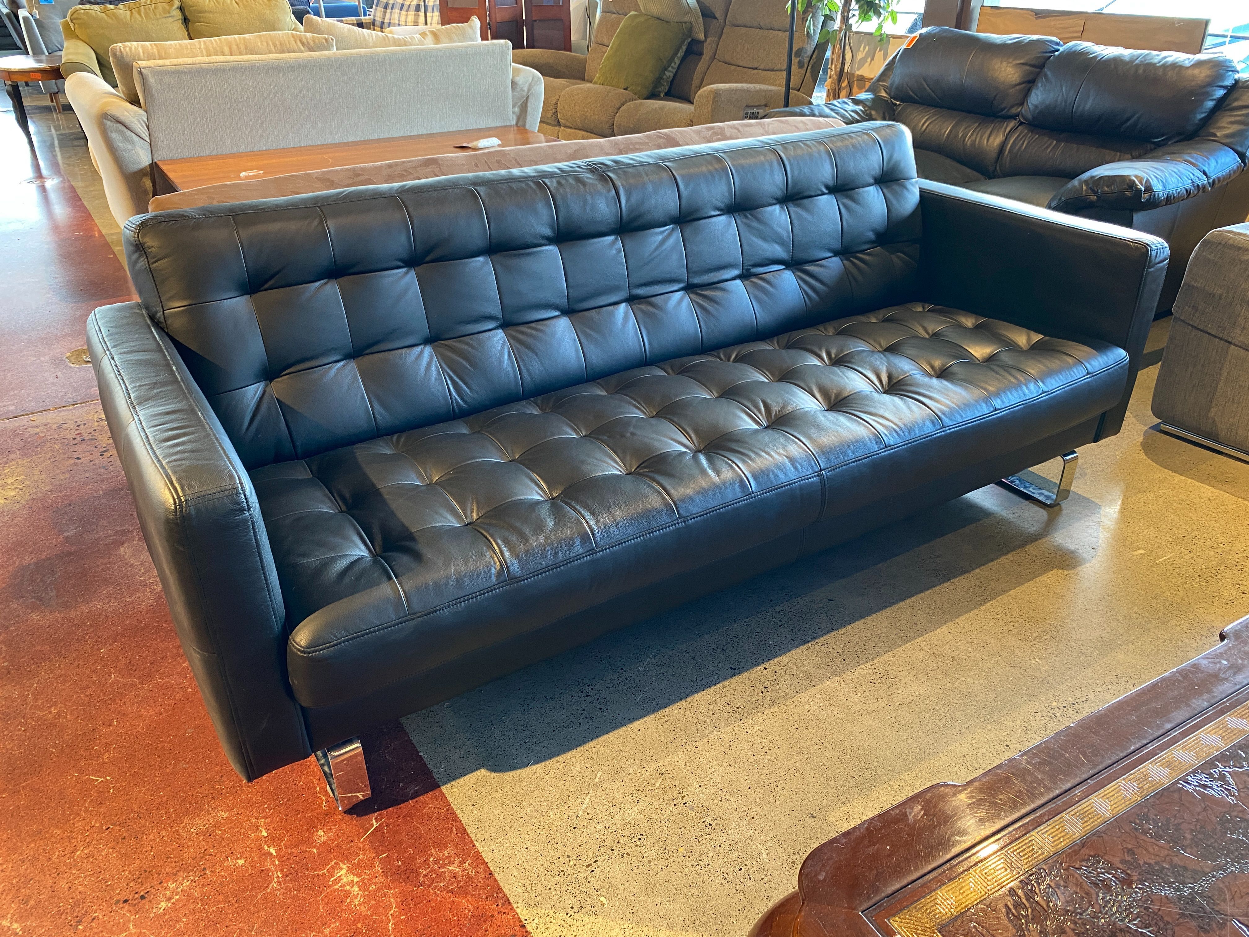 80″ Black Leather Tufted Couch with Chrome Legs